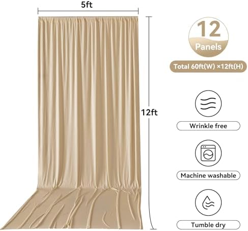 12 Panels 5x12ft Champagne Backdrop Curtains for Parties, Wrinkle Free Polyester Champagne Photo Backdrop Drapes 12 ft Long Back Drop Cloth for Wedding Birthday Photography Background Party - Image 5