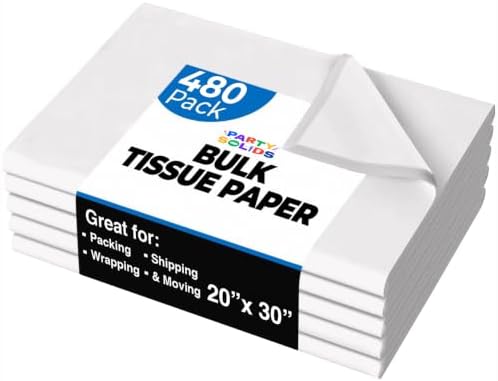Party Solids White Tissue Paper for Gift Bags - 20" X 30" Bulk Tissue Paper White 480 Sheets - 10lb Newsprint for Packing, Birthday Gift Box Filler, Packing Supplies for Moving Supplies by Crown+Display