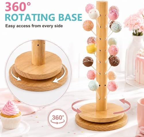 2Pack Wooden Cake Pop Stand Kit with 360° Spinning Base, 49Hole Lollipop Holder with Cake Ball Scoop, 100 Paper Sticks, 100 Clear Treat Bags and 100 Twist Ties, Easy Twist Assembly for Parties - Image 4