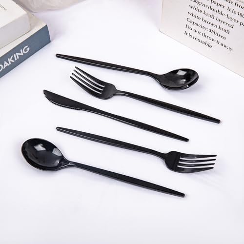 PULOTE 150PCS Black Plastic Silverware Set Disposable - Heavy Duty Black Plastic Cutlery - Black Plastic Utensils Set Include 50 Forks,50 Spoons,50 Knives for Party&Graduation - Image 3