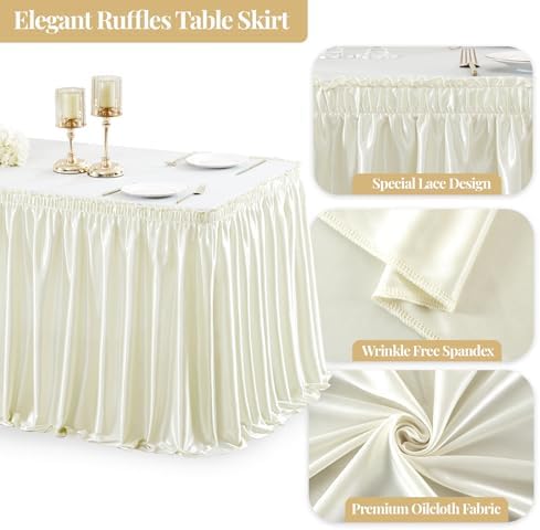 Wish Care 17ft Ivory Satin Long Table Skirt for Rectangle Tables Wrinkle Free Teacher Desk Skirt Glitter Ruffle Table Skirting Cloth for Back to School Classroom Office Birthday Party Table Decor - Image 4