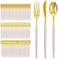I00000 300Pcs Pink Plastic Silverware, Fancy Gold Cutlery with Pink Handle by I00000