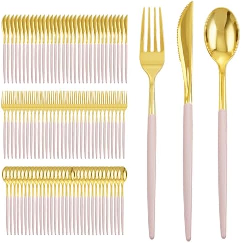 I00000 300Pcs Pink Plastic Silverware, Fancy Gold Cutlery with Pink Handle by I00000
