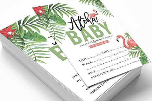 Pack of 30, Girl Baby Shower Party Collection, Baby Shower Invitation Cards, Fill in the Blank Invites WIth Envelopes, Tropical Leave & Flamingo Theme Party Supplies - Image 3