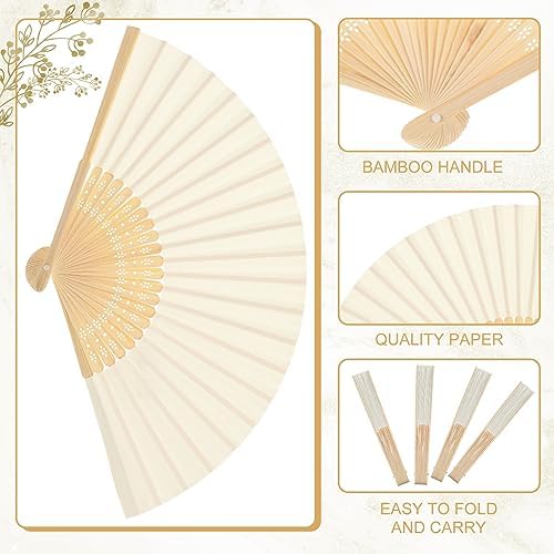 Yinkin 24 Pack Folding Hand Fans Bamboo for Party Favors, Cream - Image 2