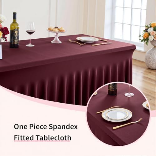 Spandex Tablecloth 6FT Rectangle Table Cover 6 Pcs Burgundy Wrinkle-Free - Image 3