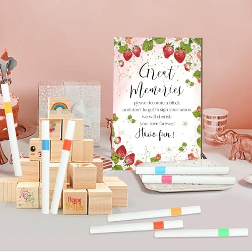 97 Pcs Strawberry Baby Shower Games Sign Kit, Strawberry Theme Party Decoration, Include Game Sign 72 DIY Blank Wooden Block 24 Pen to Draw Your Idea for Baby Shower Game Gender Reveal Party - Image 4