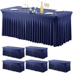 Wish Care 6 Pack Navy Blue Stretch Spandex Table Clothes for 6 Foot Rectangle Tables, 6FT Wrinkle Free Fitted Tablecloths Ruffles Design Table Cover for Party, Banquet, Wedding and Events by WishCare