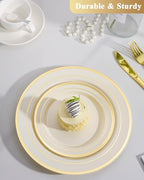 Goodluck 120 PCS Ivory and Gold Plastic Plates, Heavy Duty Disposable Ivory Plates with 60 10.25 inch Dinner Plates and 60 7.5 inch Dessert Plates for Party, Holiday, Wedding - Image 3