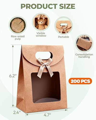 CYGYINT 200Pcs Brown Gift Bags with Clear Window 4.7''x2.4''x6.2'' Variety Stand Up Window Gift Bags with Handles for Candy, Cookies, Wedding Favors - Image 6
