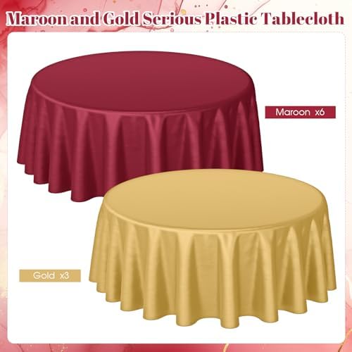 Buryeah 12 Pcs Burgundy and Gold Plastic Table Cloth 84 Inch Maroon and Gold Round Waterproof Disposable Tablecloth Circle Table Covers for Graduation Bridal Wedding Birthday Party - Image 3