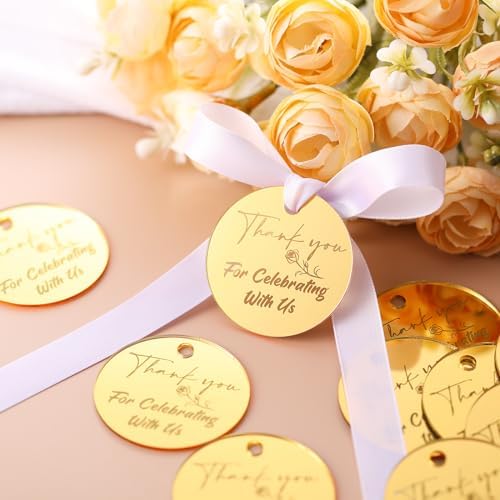 100 Set Gold Acrylic Thank You for Celebrating with Us Tags, with String Round Gold Mirrored Favors Labels, Thank You Gift Tags for Baby Shower Birthday Wedding Bridal Shower for Guests - Image 3