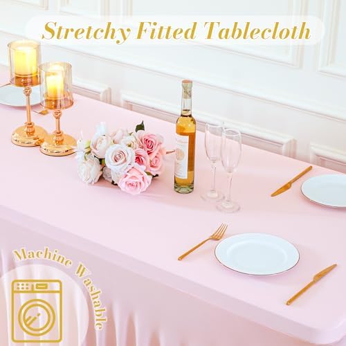 gogoparti 2 Pack Spandex Pink Fitted Table Cloth for 8ft Rectangle Tables Pink Stretch Tablecloth Table Covers Skirt Banquet Tablecloths Wrinkle Free Tablecloth for Parties Wedding - Image 7