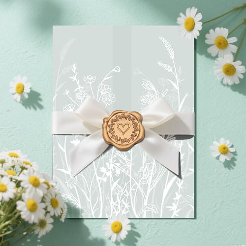 SWANGSA 100 Sets Wedding Invitations Wraps, Vellum Jackets for 5x7 Invitations & Self Adhesive Antique Gold Heart Wax Seal Stickers for Wedding Bridal Baby Shower Birthday Envelopes (White Wildflower) - Image 5