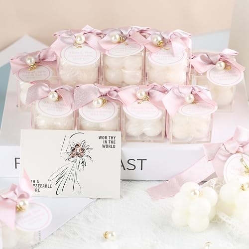 ACITHGL 30 Sets Small Bubble Candle Wedding Candles Favors for Guests Bulk Bridal Shower Favors Candles with Stylish Ribbons Thank You Cards Gifts (Shimmering Pink) - Image 4