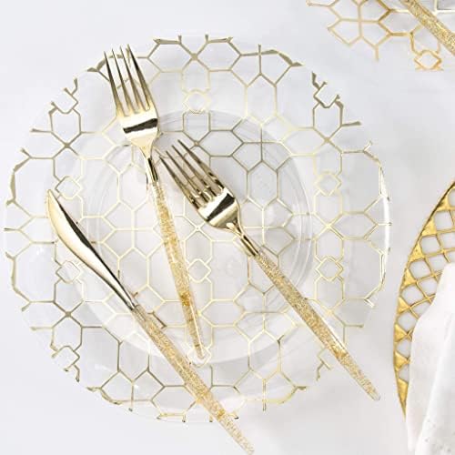 Luxe Party 128 Pieces Two Tone Plastic Disposable Cutlery | Forks-Spoons-Knives | Full Size | Chic Round | Glitter and Gold - Image 5