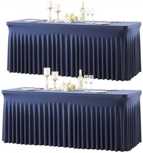 2 Pack Navy Blue Table Cloth for 8 Foot Rectangle Tables Spandex Fitted Tablecloth 8ft Stretch Table Covers Skirt Navy Blue Banquet Tablecloths Wrinkle Free Tablecloth for Party Wedding Birthday Event by Tao-GePartyDecorations