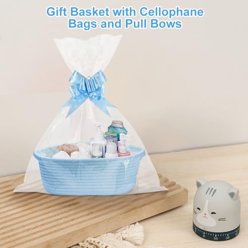 Gift Basket, Hamper Kit, Empty Hamper Basket with Cellophane Bags and Pull Bows, Rope Gift Baskets with Handles, Woven Gift Baskets for Baby Shower, Wedding, Birthday, Housewarming (Blue) - Image 2