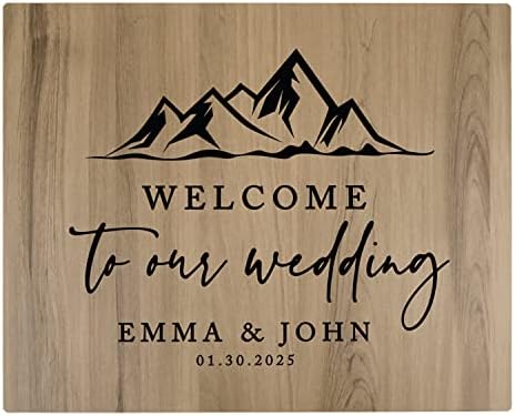 Andaz Press Large Wooden Welcome Sign for Wedding, Rustic Welcome Sign 16" x 20" Custom Names Mountain Woodland Wedding Signage English Oak MDF Wood Finish Wedding Reception Indoor Outdoor Signs by AndazPress
