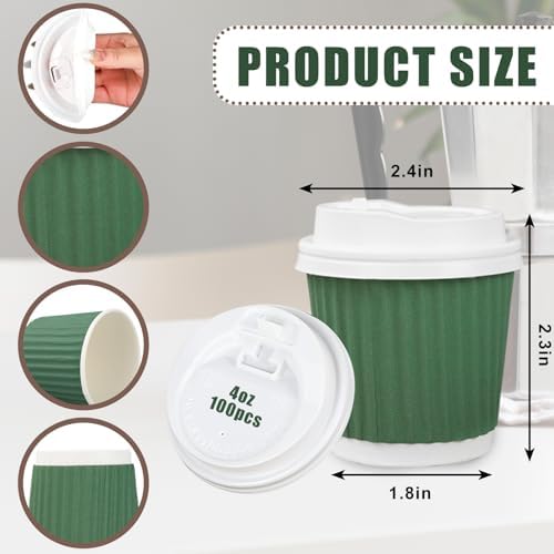 Whaline 100 Pcs Sage Green Disposable Espresso Cups with Lids 4 Oz Gradient Green Paper Cups Corrugated Ripple Wall Insulated Hot Cup for Home Office Party Supplies - Image 2