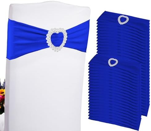 100PCS Spandex Stretch Royal Blue Chair Sashes Bows Universal Elastic Chair Cover Bands Ties with Buckle Slider for Wedding Party Ceremony Reception Event Banquet Decoration(Royal Blue) by Zrlljp