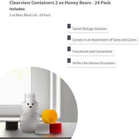 – 24 Pack 2 oz BPA-Free Plastic Honey Bear Bottles with Sealable Black Screw Top Lids, Clear Mini Squeeze Bottles for Honey, Samples & Party Favors (24pk, 2oz, BLK) - Image 5