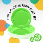 Party Solids Exquisite Lime Green Mixed Paper Plates - 7" & 9", 200 Pack (100 each), 350 GSM - Image 2