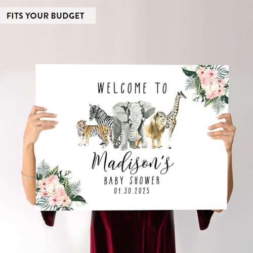 Andaz Press Custom Large Baby Shower Canvas Welcome Sign, 16 x 20 Inches, Pink Hibiscus Tropical Jungle, Guestbook Alternative, Personalized Sign Our Canvas, For Jungle Safari Baby Shower Theme - Image 6