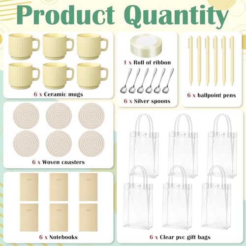 36 Pcs/6 Sets Baby Shower Prizes for Winners Include Ceramic Mugs with Spoons Woven Coasters Notebooks with Pens Clear PVC Gift Bags for Bridal Shower Party Favors (Yellow) - Image 3