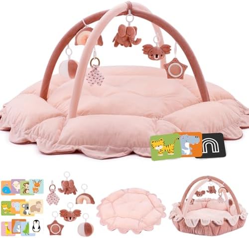 5-in-1 Baby Activity Gym & Play Mat with 6 Hanging Toys, Tummy Time Mat & Cards - Extra Large, Reversible Machine Washable Pad - Gift for Newborns, Infants 0-12 Months, Pink by Unknown