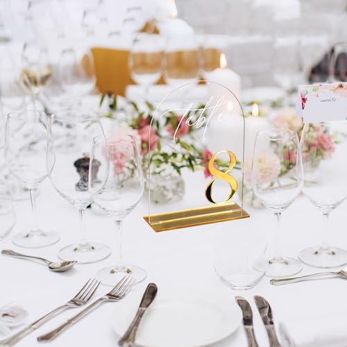 HOODO Clear Arch Wedding table numbers 1-15 with Stands, 5"x7" Arched Acrylic Signs with Gold Mirror Numbers, Clear and Gold Acrylic Table Numbers for Wedding Reception, Party, Anniversary, Event - Image 6