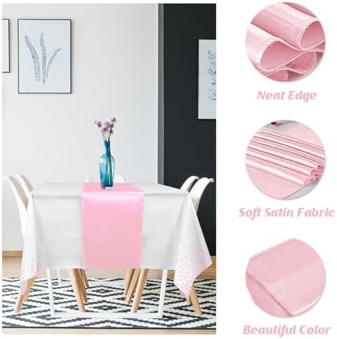 16Pack Disposable Plastic Tablecloths and Satin Table Runner Set White and Pink Dot Table Cloth Gold for Graduation Wedding Engagement Birthday Baby Shower Anniversary Holiday Party Decorations - Image 3