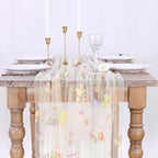 Beige White Floral Gauze Table Runner 10ft Embroidery Spring Tulle Linens - Image 6