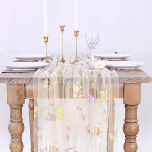 Beige White Floral Gauze Table Runner 10ft Embroidery Tulle Spring Decor - Image 6