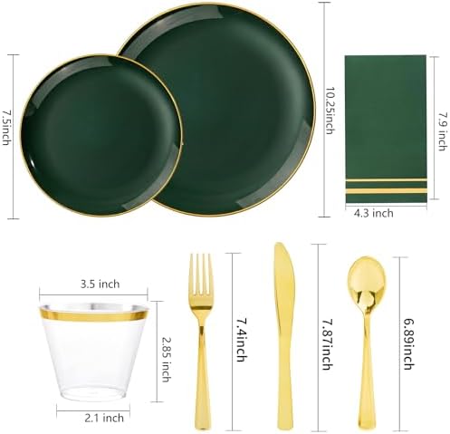NOCCUR 350PCS Green Plastic Plates - Disposable Green Gold Dinnerware Set for 50 Guests, 100 Dinner/Dessert Plates, 150 Gold Silverware, 50 Cups&50 Napkins for Party ＆ Wedding ＆ World Cup 2026 - Image 2