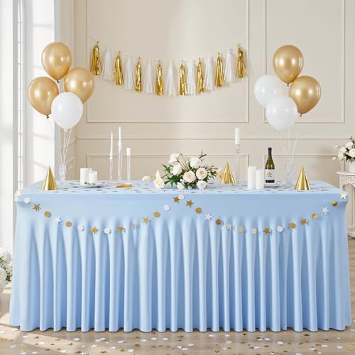 Baby Blue Table Cloth for 8 Foot Rectangle Tables Fitted Stretch Spandex Table Cover with Skirt 8ft Baby Shower Birthday Party Banquet Ruffle Tablecloth Wedding Table Cloths Desk Skirt, 2 Pack - Image 7