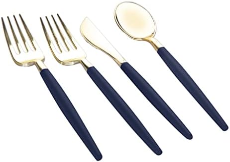 Luxe Party 128 Pieces Two Tone Plastic Disposable Cutlery | Forks-Spoons-Knives | Full Size | Chic Round | Navy and Gold - Image 2