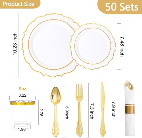 Sylans 350PCS White Gold Plastic Plates Disposable Dinnerware for 50 Guests - Image 2