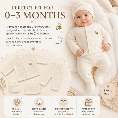 Handmade Crochet Baby Bee Outfit 0-3 Months – Premium Knit Sweater, Pants, Hat & Booties Set – Luxury Baby Shower Gift, Coming Home Outfit, Neutral Newborn Keepsake, Newborn Photography (Color Beige) - Image 2