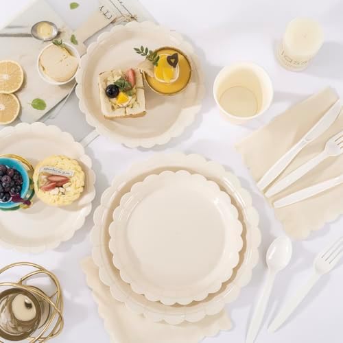 LIYH 350 Pcs Ivory Paper Plates and Napkins 50 Guest Cream Party Supplies Include Ivory Scalloped Disposable Paper Plates Cocktail Napkins Cups Spoons Forks Knives for Baby Shower,Birthday - Image 6