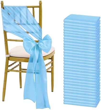 fani Light Bule Satin Chair Straps Bows,60 PCS 7x108 Inch,Chair Sash by fani
