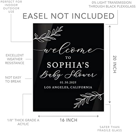 Andaz Press 16X20 Inch Black Acrylic Personalized Baby Shower Welcome Sign, Gender Neutral Large Custom Sign For Easel Stand, Rustic Laurel Leaves Baby Shower Decorations Neutral, Acrylic Welcome Sign - Image 5