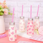 FYSUIMU 24 Pcs Pink Bow Plastic Milk Bottles with Lids Straws and Bowknot Stickers Reusable Drink Containers Beverage Juice Shot Jars for Valentine's Day Birthday Baby Shower Party Favor - Image 4