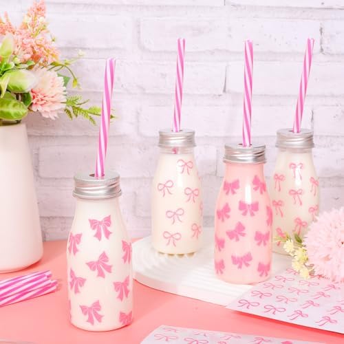 FYSUIMU 24 Pcs Pink Bow Plastic Milk Bottles with Lids Straws and Bowknot Stickers Reusable Drink Containers Beverage Juice Shot Jars for Valentine's Day Birthday Baby Shower Party Favor - Image 4