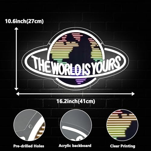 The World is Yours Neon Sign, Led Neon Light Signs for Wall Decor Colorful Planet LED Light up Sign Lamp for Game Room Man Cave Bedroom Bar Birthday Graduation Gift Dimmable USB Powered(16.2"*10.6") - Image 3