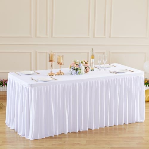 Wish Care White Polyester Table Clothes for 4 Foot Rectangle Tables, Wrinkle Free Fitted Table Cover with Pleated Ruffle Table Skirt for Birthday Party Wedding Trade Show Event Display - Image 3