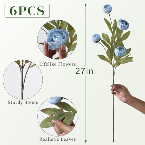 6 Pcs 27" Faux Silk Peony Artificial Flowers Stems for Vase (Dusty Blue) - Image 5