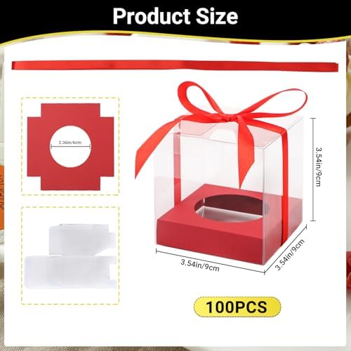 EUSOAR Cupcake Boxes, 3.5 Inch 100 Packs Muffins Gift Wrappers individual Cupcake Containers with Ribbon, Clear Dessert Pastry Holder Disposable Cookies Carrier for Wedding Party Favor Bakery-Red - Image 2