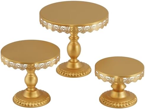 3 PCS Gold Cake Stands (8"&10"&12" Plate), Cupcake Stand With a lace hollow border Metal Cake Stand Set for Birthday Party, Wedding, Anniversary, Baby Shower by VMFKPNR