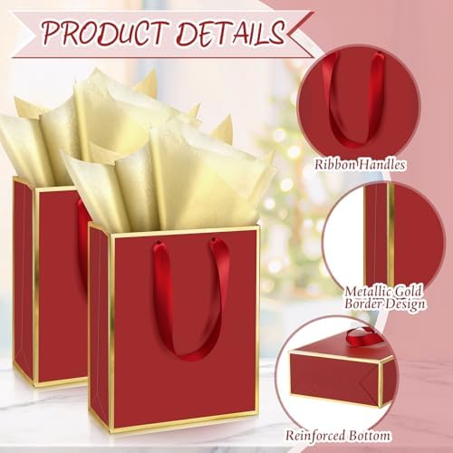 Yeaqee 50 Pcs Metallic Paepr Gift Bags Bulk with Handles,Burgundy Gold - Image 3